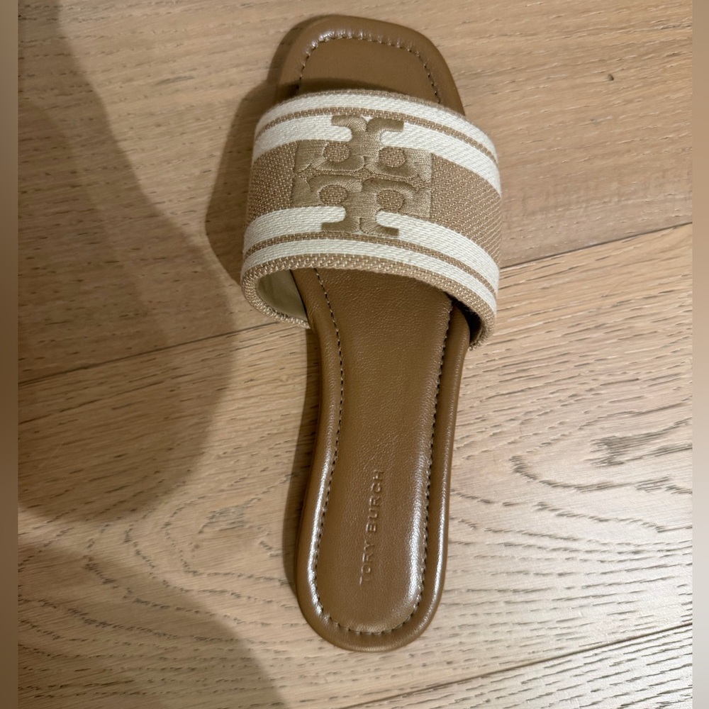 Tory Burch Double T Jacquard Slide, cammello/ash white, size 6